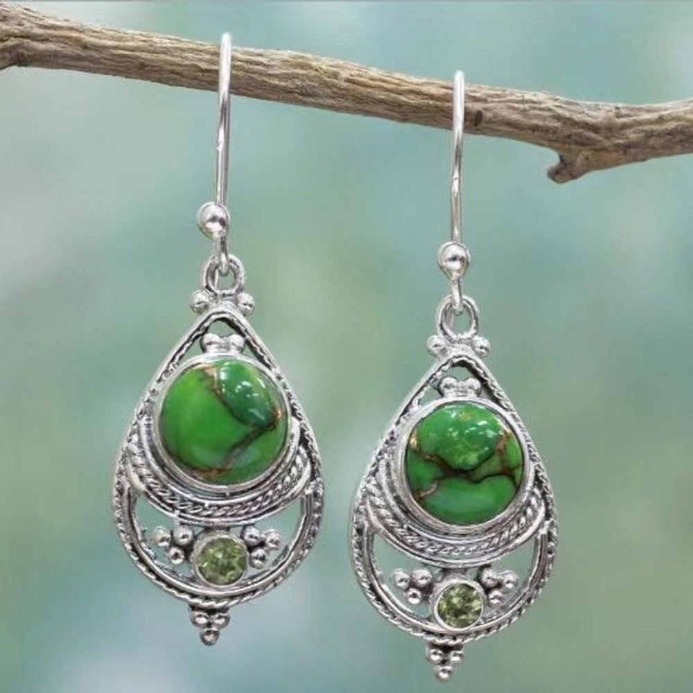 Vintage style boho festival silver tone and green dangle earrings